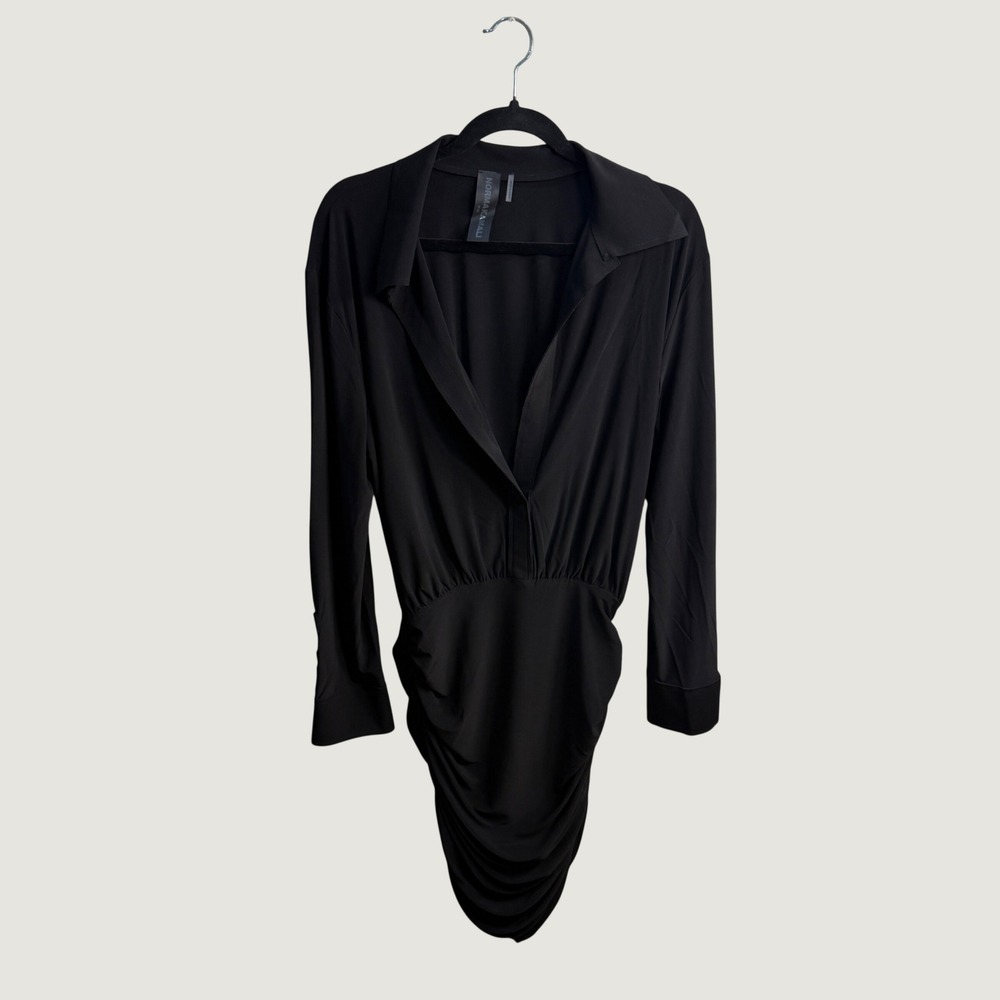 Norma Kamali Black Ruched Long Sleeve Dress Stretch M Bodycon Office to Evening
